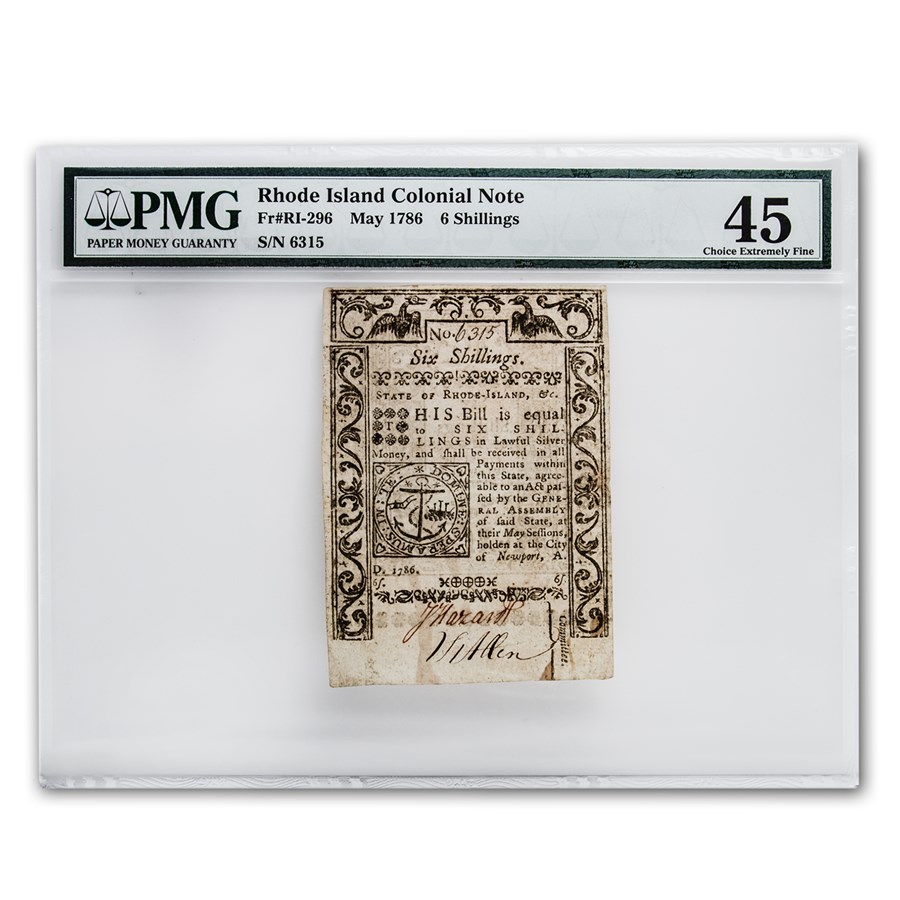 1786 6 Shillings Rhode Island Currency May 1786 XF45 PMG Colonial